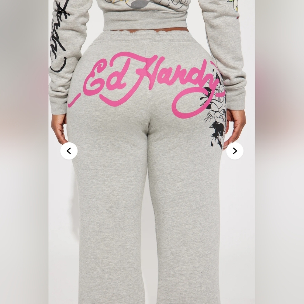 ED HARDY Rose And Sword Sweatpants Womans Sz 1XL Wide Leg Heather Grey - Picture 2 of 9